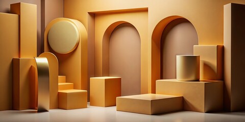 Minimalist 3D Abstract Scene with Warm Mustard Geometric Architecture

