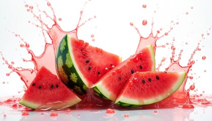 Juicy watermelon slices with splashing juice, refreshing summer dessert. Bright red pulp, black seeds on white background. Food concept for healthy eating, organic fruits. Tasty cocktail, fresh drink.