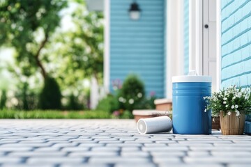 Naklejka premium Blue container white cylinder flowers on patio home and garden organization