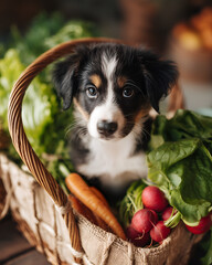 A cute puppy sitting in a rustic basket full of fresh vegetables, including carrots and lettuce, surrounded by natural textures and warm, cozy lighting.