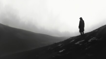 Lone hooded figure stands on misty desolate hillside