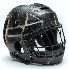Fototapeta premium Damaged used black hockey helmet isolated on white background 