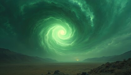 Epic green vortex storm swirling over desolate landscape. Mystical nature fantasy scene features swirling cloud energy, power, supernatural adventure. Dramatic otherworldly background for digital art