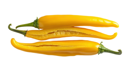 Golden Chili Pepper: A striking image of three vibrant yellow chili peppers. The top pepper is whole, while the bottom one reveals the interior, with seeds.