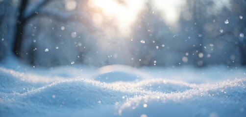 Winter landscape with gentle snowfall. Snowflakes falling on snow surface. Serene winter scene with white snow. Cold, fresh air. Season, weather, christmas, new year, holidays.