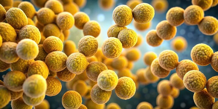 Cluster of spherical Staphylococcus aureus bacteria magnified under a microscope showing gram-positive cocci with golden yellow color and chain-like arrangement, microscopic view, staph aureus