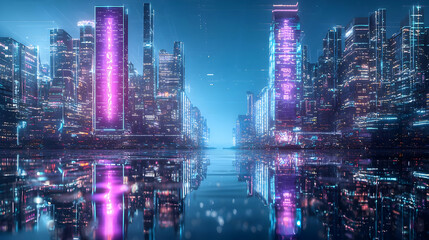 Obraz premium Futuristic Cityscape At Night With Neon Lights Reflecting On Water