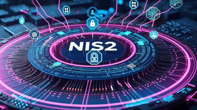 NIS2 cybersecurity concept with digital lock icons, interconnected network, and futuristic data processing interface for secure communication.

