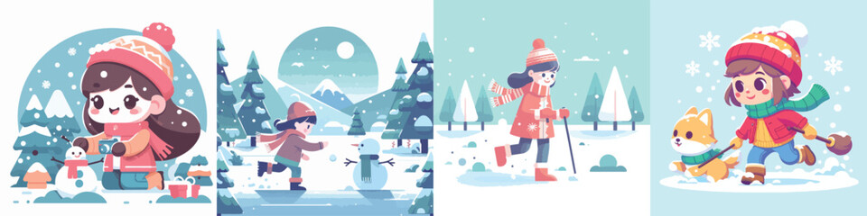 vector character of a girl playing in the snow