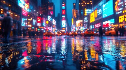 Rain-soaked Times Square: A blur of lights and reflections on a