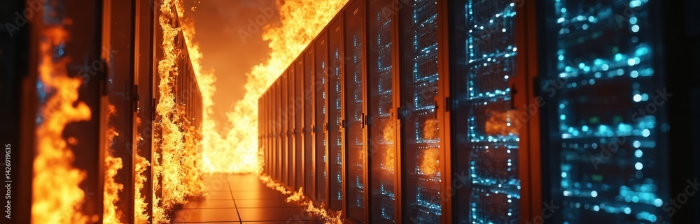 Poster data center on fire. blaze engulfs server racks, highlighting digital security threat. disaster scen