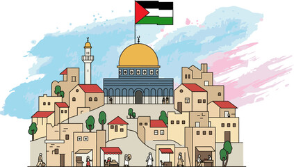 Al-Aqsa Mosque. Qibli Mosque. Vector illustration. Islamic Palestine historic landmarks and sightseeing. Vector illustration.