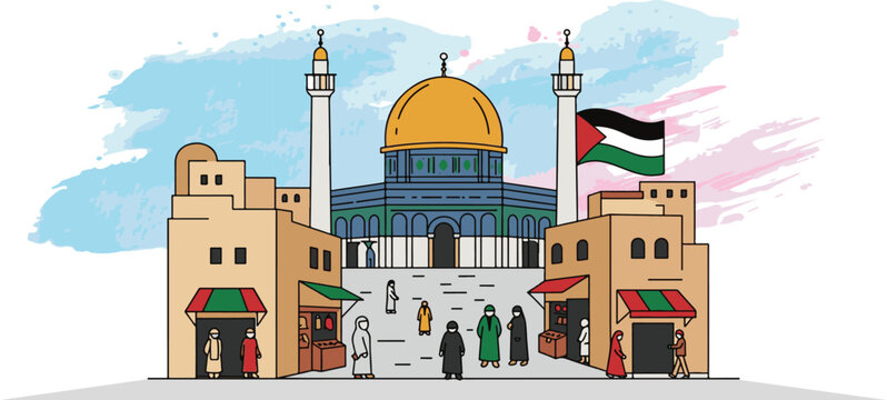 Al-Aqsa Mosque. Qibli Mosque. Vector illustration. Islamic Palestine historic landmarks and sightseeing. Vector illustration.