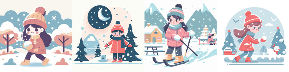 vector character of a girl playing in the snow