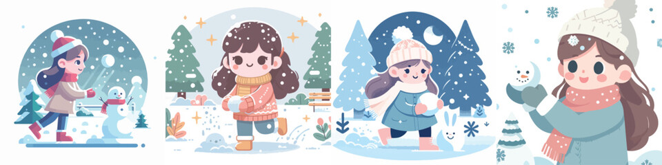 vector character of a girl playing in the snow