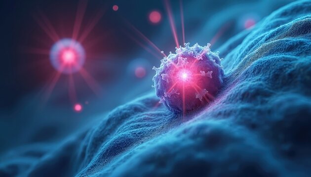 Image cancer cell targeted by radiation therapy. Medical tech, scientific illustration innovative cancer treatment. Oncology, radiation oncology concepts of precision radiation therapy. Healthcare,