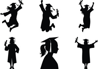 elegant graduation silhouette Vector Illustration Design Bundle. Graduate cap & gown, invitations, cards, party decor. Graduation Celebration Graphic Illustration.