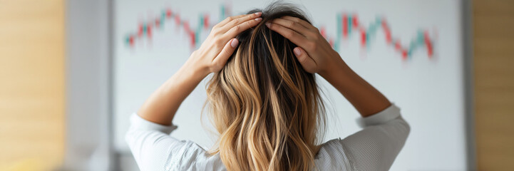 Fototapeta premium A woman with brown hair is looking at a graph on a wall.
