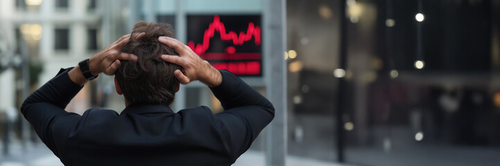 Naklejka premium A man with his hands on his head in front of a red finance stock.