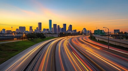 Fototapeta premium city skyline at dusk with highway traffic