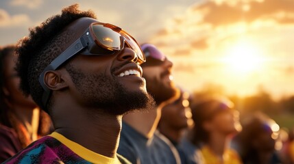 People looking up at the sunset with protective eyewear