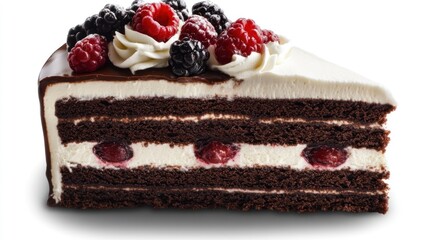 Delicious Slice of Black Forest Cake with Berries and Cream Topping