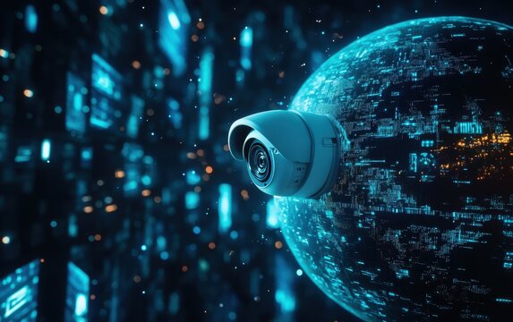 Surveillance camera in digital data sphere - Powered by Adobe