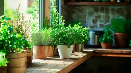 Fototapeta premium interior of modern kitchen with green plants and wooden floor