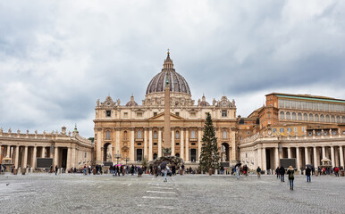 Saint Peter Basilica and Saint Peter's Square (Piazza San Pietro) in Vatican City at Rome, Italy.