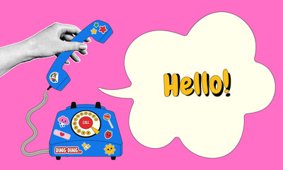 Collage features a hand holding an old-fashioned telephone against a vibrant pink background, complemented by a playful speech bubble saying hello with fun stickers.