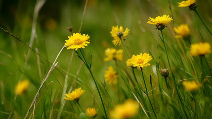 Yellow Flowers In A Field Of Green Grass