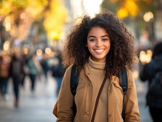 Fototapeta premium a young woman smiling on a busy street
