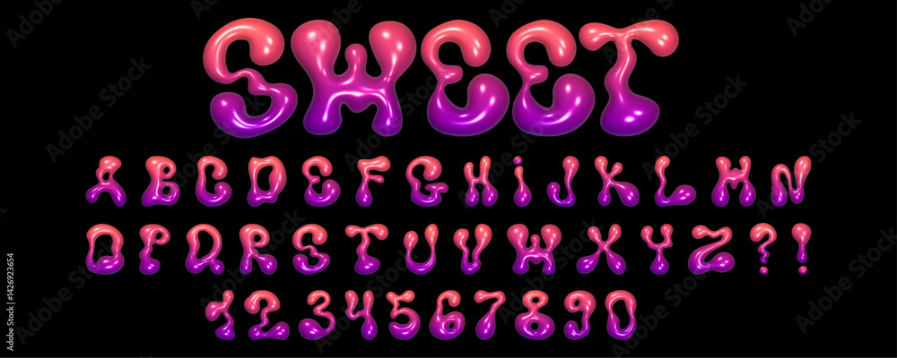 Poster wavy 3d font design featuring liquid letters and numbers in a glossy reflective style on a dark back