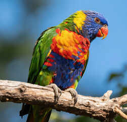 Naklejka premium Rainbow lorikeet bird colorful parrot australian wildlife exotic nature avian branch vibrant plumage perched beauty