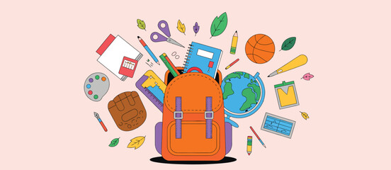 Backpack Overflowing with School Supplies and Sports Gear