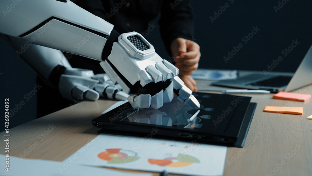 Poster a robotic hand performs a touch gesture on a tablet in an office setting, illustrating the intersect