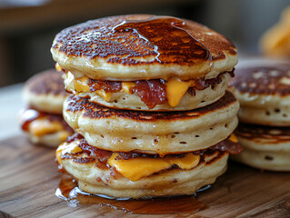 a breakfast sandwich made of pancakes, with layers of bacon and melted cheese in between, drizzled with syrup. The sandwich is resting on a wooden surface.