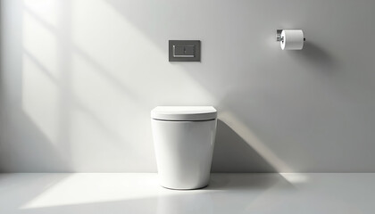 White ceramic toilet bowl in modern bathroom. Clean, minimalistic restroom interior. Plumbing, hygiene, sanitation, home decor. Modern design, fresh comfort. Water closet and paper holder on the wall.