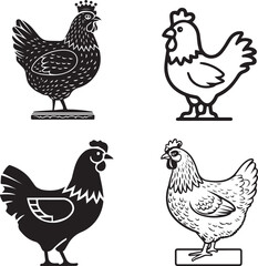 Four Stylized Black and White Chicken Illustrations