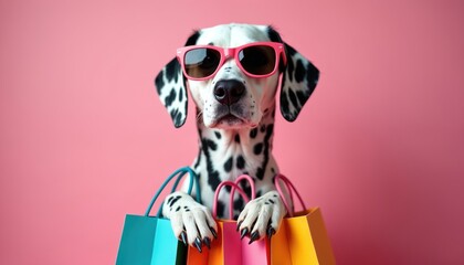 Stylish Dalmatian dog wearing pink sunglasses. Dog holds colorful shopping bags against pink background. Fun, cheerful pet ready to shop. Fashion accessory on animal with spots.