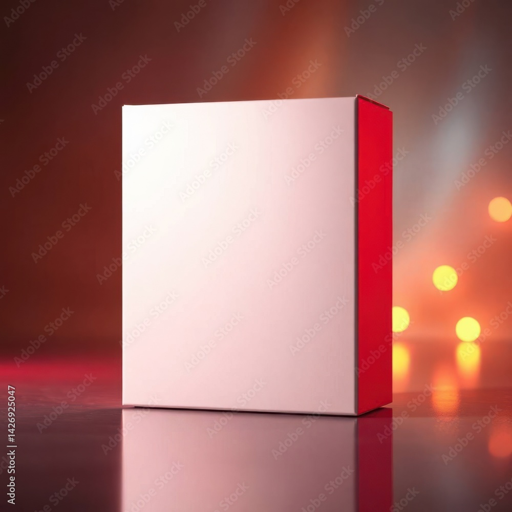 Poster a minimalistic white box with a red side sits on a reflective surface, bathed in warm, bokeh-filled 