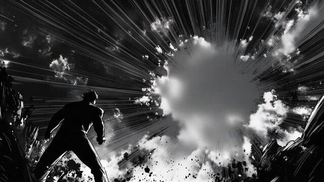 A Powerful Being Gazing Upon a Cataclysmic Light Emission Amidst a Bleak Landscape