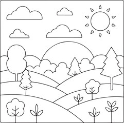 Simple Line Drawing of a Sunny Landscape with Rolling Hills and Trees