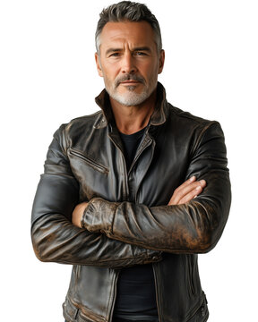 Confident Mature Man in Leather Jacket