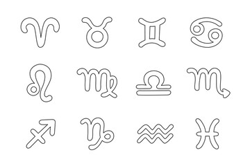 Zodiac Signs doodle vector set of isolated outline astrological elements. Twelve Zodiac symbols black and white illustration. Cute simple design astrology clipart collection