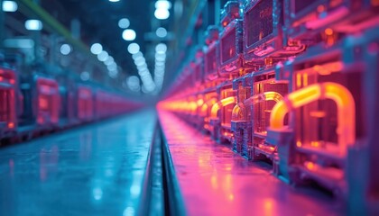 Industrial thermal imaging shows factory machinery, heat map with temperature differences. Focus on piping infrastructure, energy consumption, tech, production efficiency. Modern manufacturing,