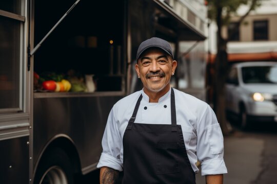 Portrait of a confident Hispanic middle age chef with standing by food truck on street