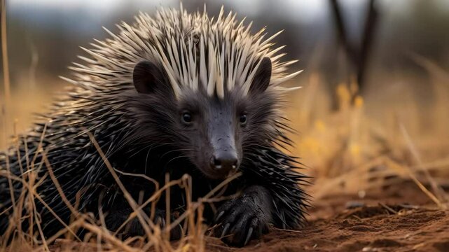 Observing Porcupine Relaxing on Ground in Natural Habitat Close Up