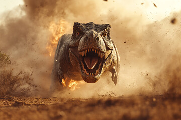 Roaring Tyrannosaurus Rex Running Through Fiery Dust Storm, Prehistoric Predator, Intense Look