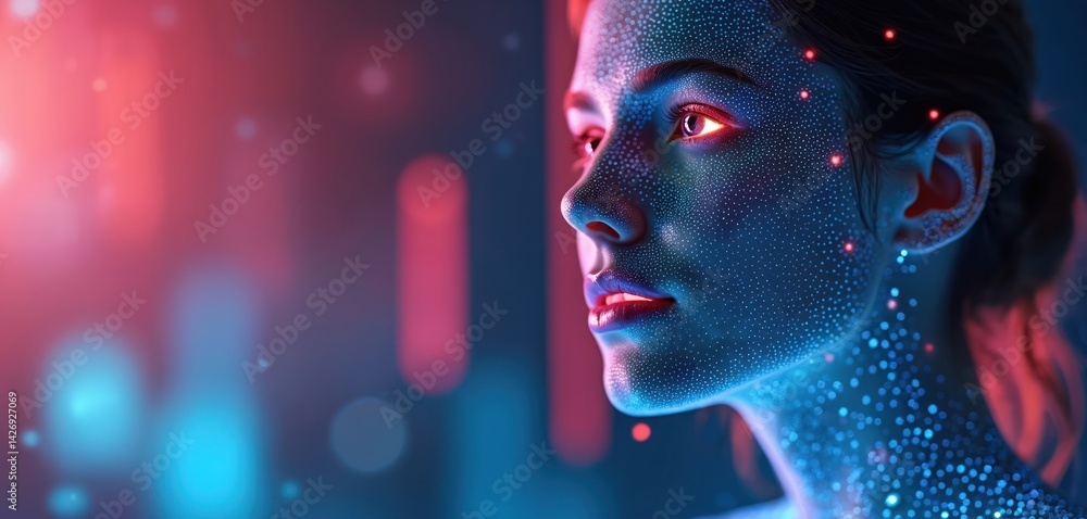 Poster portrait of futuristic woman with glowing dots on skin, digital art. ai-generated image features cyb